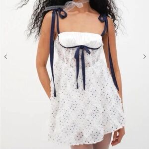 For Love & Lemons Carmen White Mini Dress with Navy Ribbon and polka dot